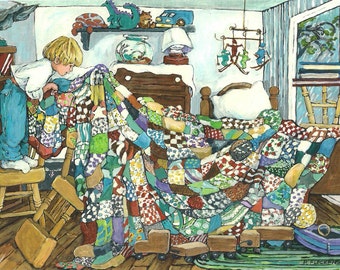 May include: A child pulls a colorful patchwork quilt over a bed with a white pillow. The bed is in a room with a window, a bookshelf, and a toy train on the floor.