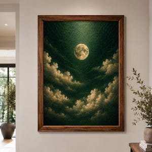 Emerald Green Moon Wall Art, Moody Celestial Printable, Full Moon Cloud Poster, Dark Green Beige Wall Decor, Digital Download