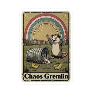 Chaos Gremlin Sticker, Tarot Shaped Sticker, Opossum with Trash Can, Vinyl Sticker, Cute Animal Decal, Unique Gift