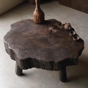 Solid Wood Wabi Sabi Coffee Table – Minimalist Japanese Style Rustic Low Table, Natural Wood Living Room Centerpiece