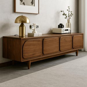 Solid Walnut Mid-Century Modern TV Stand – Minimalist Living Room Storage Cabinet