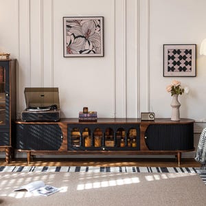 Two-Tone Black Walnut French Classic TV Stand – Mid-Century Elegance Solid Wood Media Console