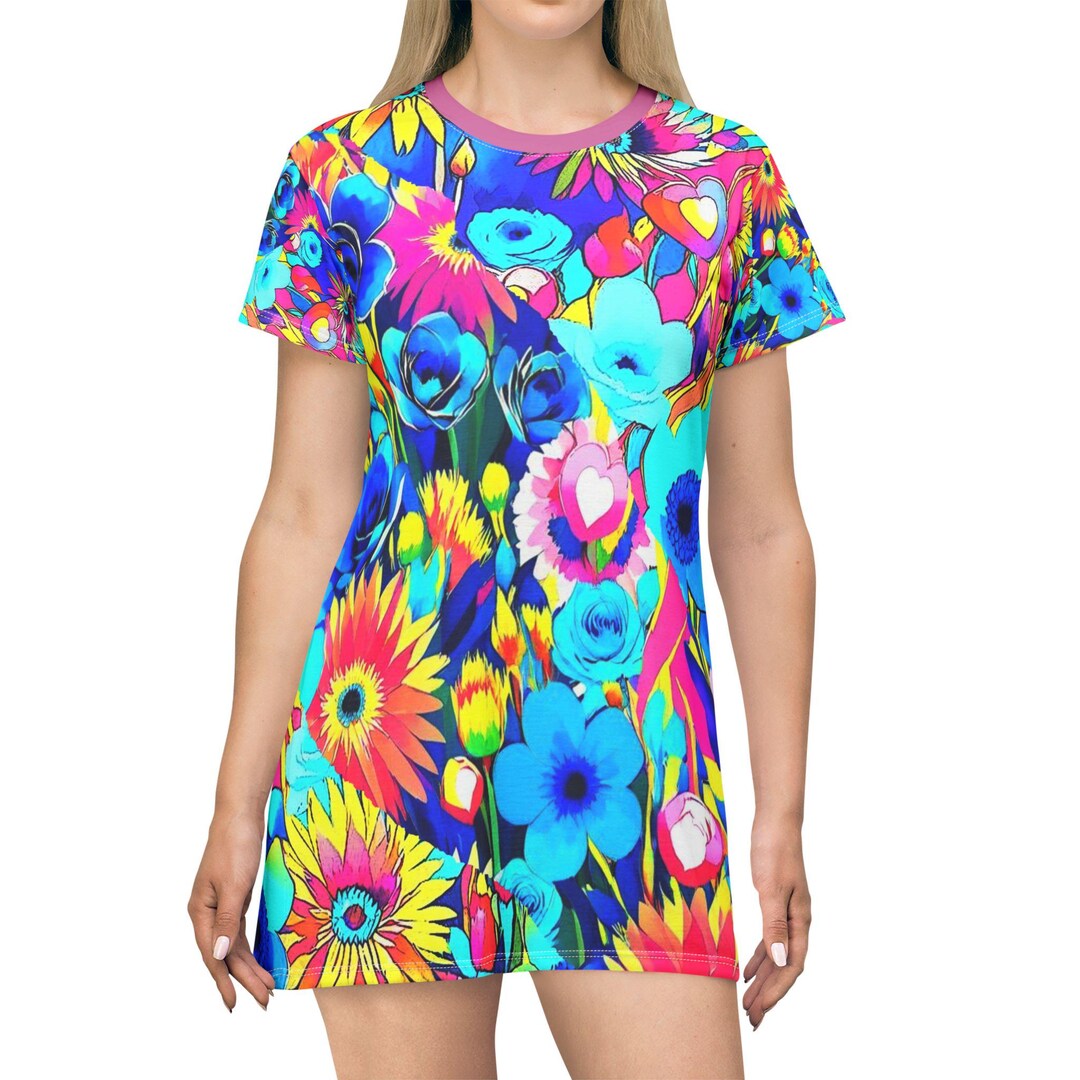 Blooms That Never Fade T-shirt Dress, Boho Summer Dress, Colorful ...