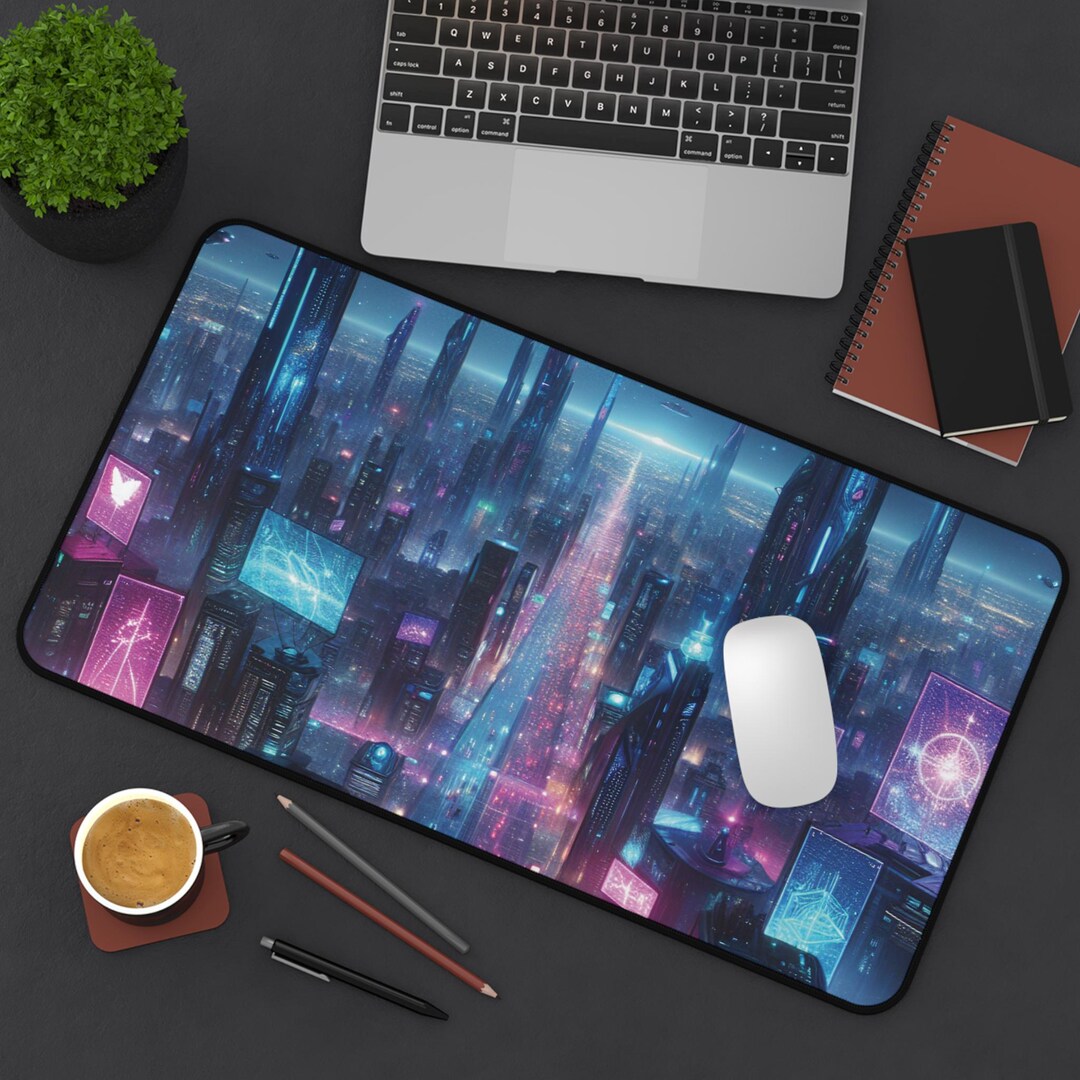 Futuristic Neon City Gaming Desk Mat, Large Video Game Style Desk Pad ...