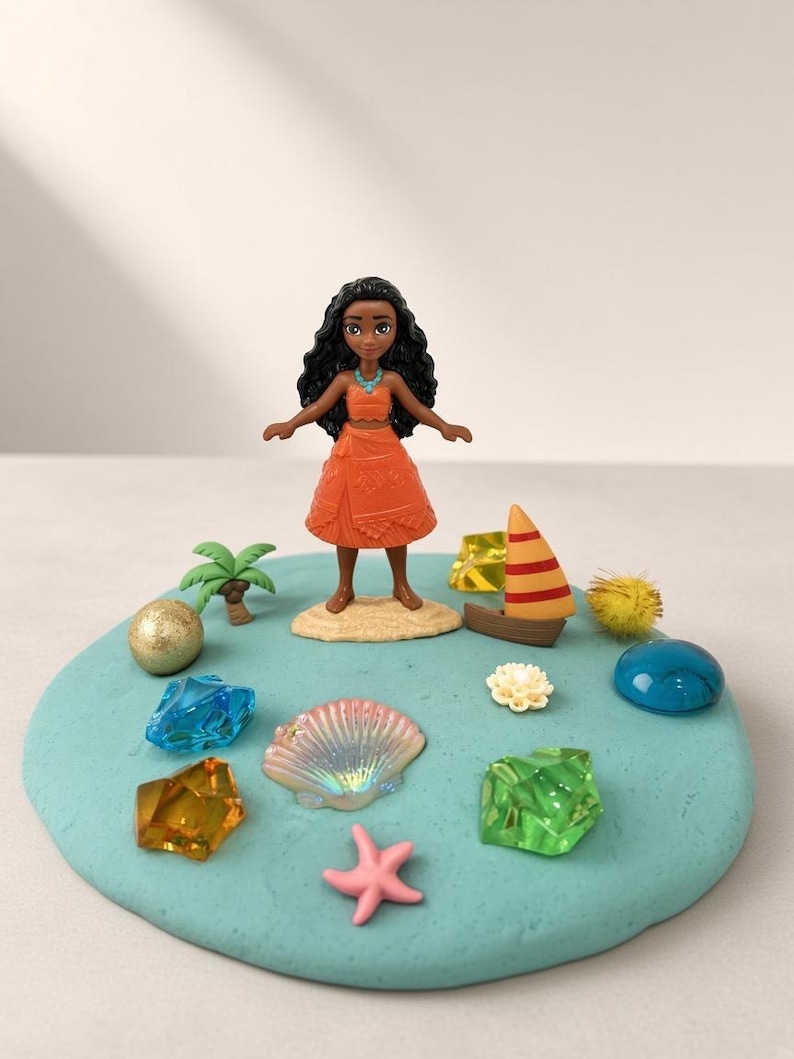 May include: A small Moana figurine stands on a sandy base atop a circular light blue clay disc. The scene includes a miniature palm tree, a small sailboat, a pink starfish, a pearlescent seashell, and several colorful translucent plastic gems.