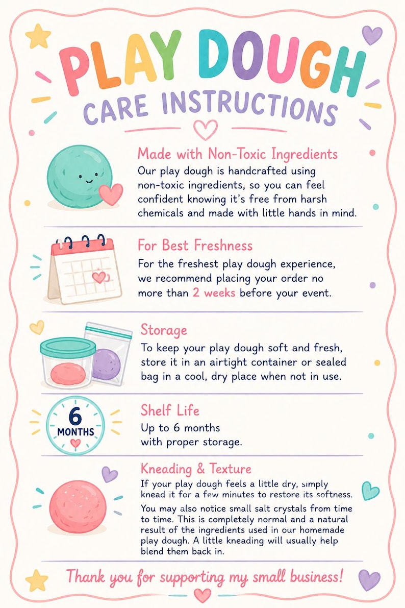 May include: A play dough care instructions sign with colorful text and illustrations. It details non-toxic ingredients, freshness tips for ordering within 2 weeks, storage in airtight containers, a 6-month shelf life, and kneading instructions.