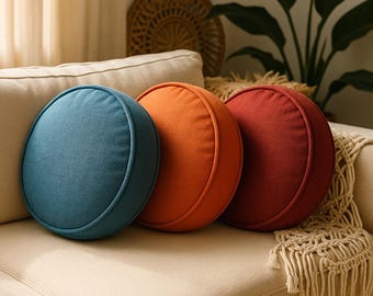 Round Linen Pillow Cover: Waterproof Boho Cushion with Piping