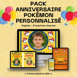 Pack Anniversaire Pokémon Personnalisé – Carte, Topper, Affiche, Quiz & plus ! (Digital) ( lire description avant d'acheter )