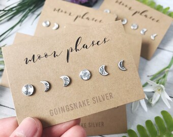 Moon Phase Earrings Set - Sterling Silver - Handmade Earrings - Post Earrings - Lunar Cycle - Two Sizes Available - 1/4" - 3/16"