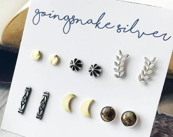 Earring Set - Moonlit Summer Shoreline Collection - Moon Phases - Abalone Shell - Fern - Sterling Silver - Brass - Floral - Sea Urchin