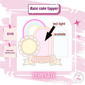 Könnte beinhalten: Eine rosa-weiße Tortenaufleger-Vorlage mit einem Regenbogen, einem blütenartigen Kreis und dem Wort „SOMMER“ auf einem Banner. Der Text „Basic cake topper“ steht oben. Enthält die Etiketten „SVG“ und „SOFORT-DOWNLOAD“.