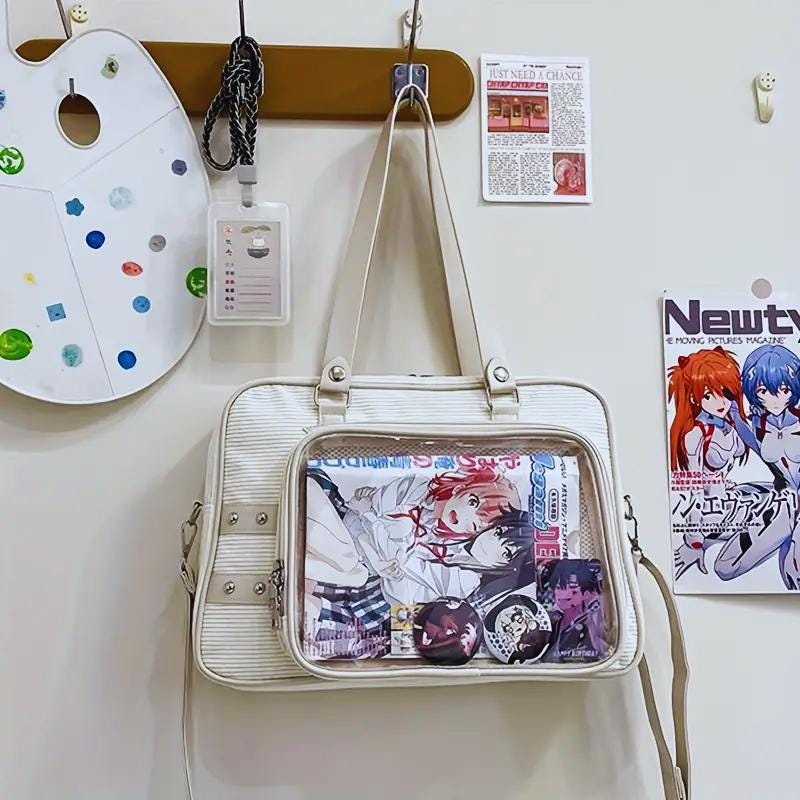 Ita Bag Crossbody – White Corduroy Enamel Pin Display Bag | Kawaii Anime Shoulder Purse | Clear Window Messenger Bag with Insert
