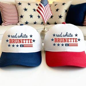 Embroidered Red White & Brunette Trucker Hat, Patriotic Red Hat, Red White And Blonde Hat, Patriotic Embroidered Hat, 4th of July Hat
