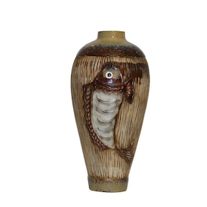 Ceramic Vase with 3D Fish Motif - Rustic Pottery Home Decor
