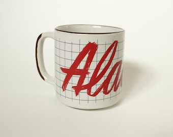 Vintage 1984 Souvenir Mug - Alaska - Red Brushstroke Font - 80's Grid Background - Faux Stoneware Style Mug