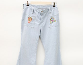 Vintage 70's Wrangler Bell Bottoms - Pale Blue Denim - Vintage Patches - 28" Waist