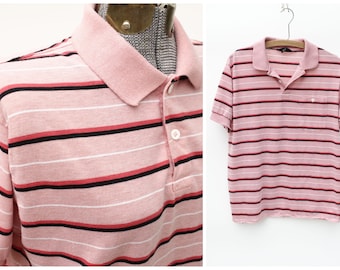 Vintage 80's Polo Shirt - Soft Thin Lightweight - Striped - Salmon Pink - Red Black & White