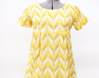 Vintage 60's Babydoll Dress - Yellow / Orange / White Zig-Zag Chevron Embroidery Layer - Small