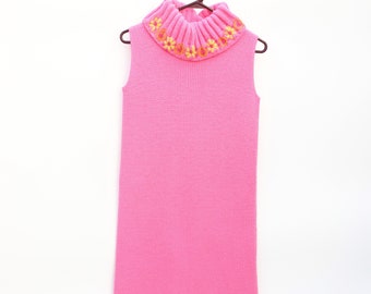 Vintage 60's Acrylic Pullover Sleeveless Sweater Dress - Pink - Oversized Cowl Collar - Small