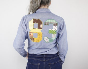 Vintage 70's Big Mac work shirt, light denim color blue, Handmade Applique numbering, 83 - Small