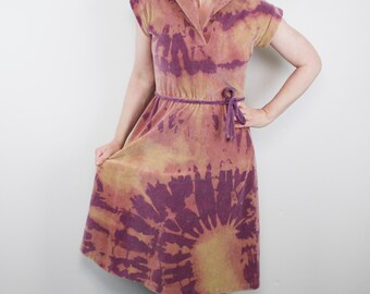 Vintage 70s Velour Dress by Malouf of Dallas, Midi Length, Bleach Tie Dyed, Lavender Mauve Beige - Medium