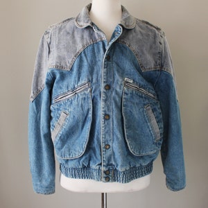 80s vintage Guess denim bomber jacket, two-tone, new wave, 1986, jean jacket, men, gray, blue image 2