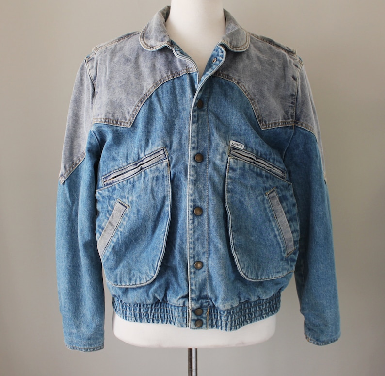 80s vintage Guess denim bomber jacket, two-tone, new wave, 1986, jean jacket, men, gray, blue image 2