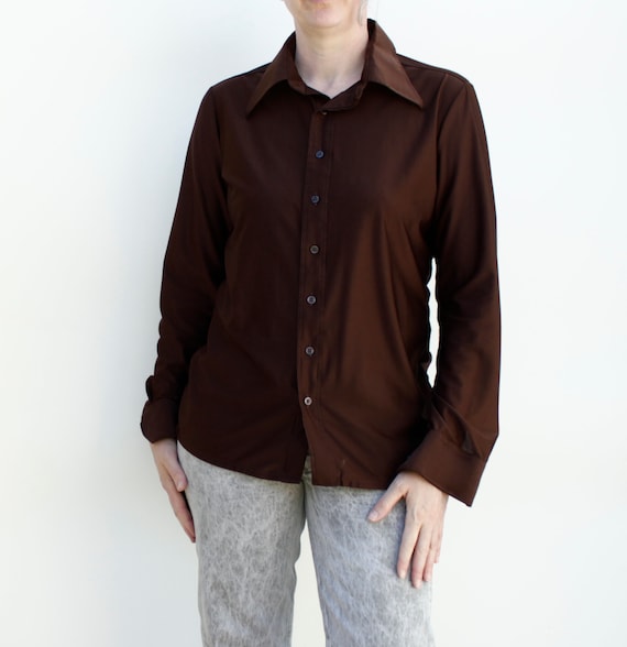 Vintage 70s Long Sleeved Nylon Button Down Shirt … - image 1