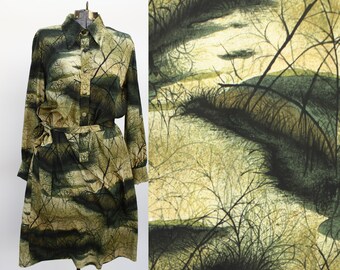 Vintage 70's Lightweight Shirt Dress - Nature Marsh Scene in Greens - M/L