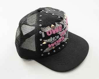 Vintage 80s Trucker Hat - Black with Puff Screen Print - Sad 80's Capitalist Humor - Added Gold Pyramid Studs and Pearly Lavender Studs