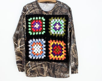 Cattail Camo Upcycled Granny Square Blanket Patch - Long Sleeved T-Shirt Medium