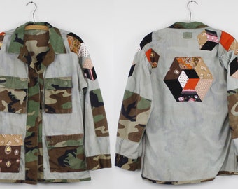 Vintage Altered Camo Jacket - Reversed Pockets, Cube Illusion Patches with Vintage Fabric, ORIGINAL One Of A Kind - Small