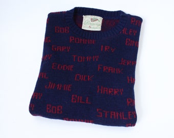 Vintage 40's Wool Sweater, Blue with Red Men's Names - Bing, Frank, Harry, Irv, Tommy, Dick, Bill, Ronnie, Jimmie, Eddie, Gary