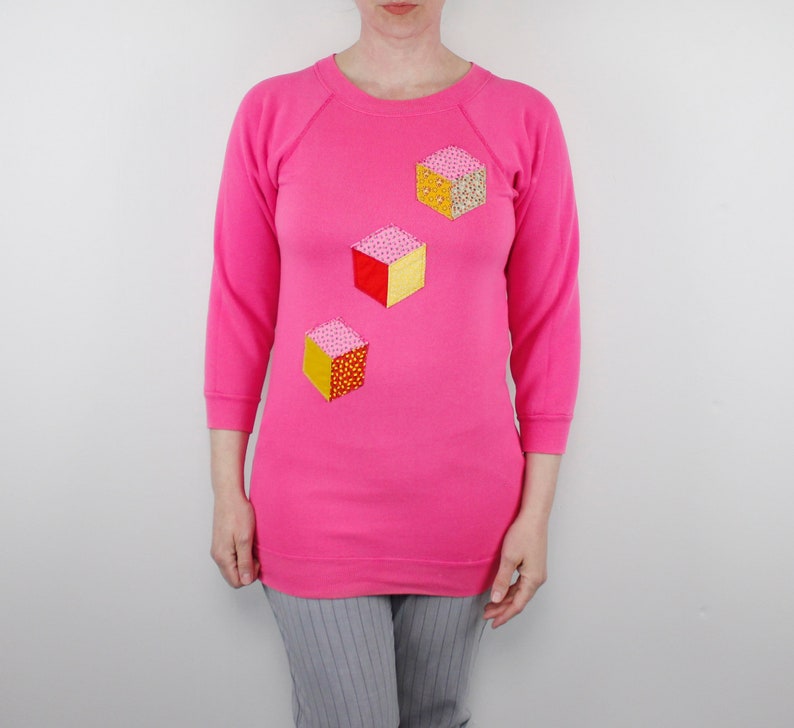 Vintage 80s Hanes Her Way Sweatshirt, Long Length, 3/4 Sleeve, Vibrant Deep Pink, Cube Illusion Quilted Patches Small image 1