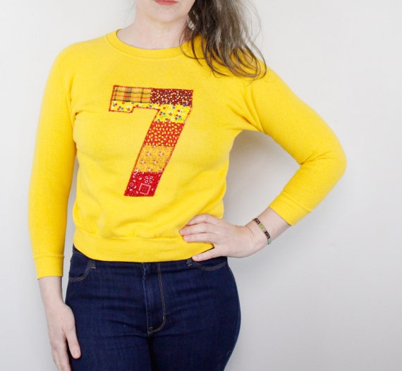 Vintage 80's sweatshirt, golden yellow, Handmade … - image 1