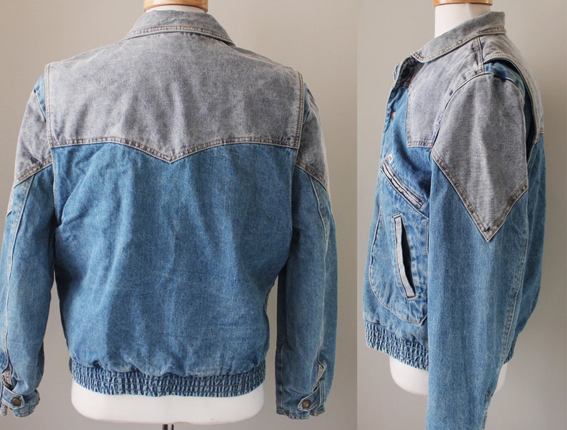 80s vintage Guess denim bomber jacket, two-tone, new wave, 1986, jean jacket, men, gray, blue image 3