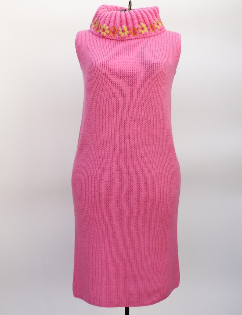 Vintage 60's Acrylic Pullover Sleeveless Sweater Dress Pink Oversized Cowl Collar Small image 4