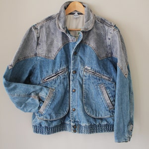 80s vintage Guess denim bomber jacket, two-tone, new wave, 1986, jean jacket, men, gray, blue image 1