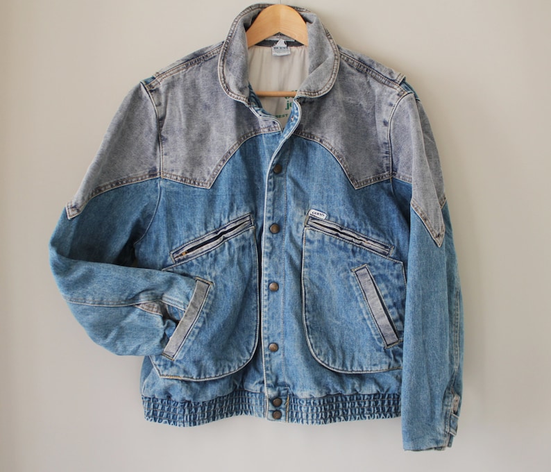 80s vintage Guess denim bomber jacket, two-tone, new wave, 1986, jean jacket, men, gray, blue image 1