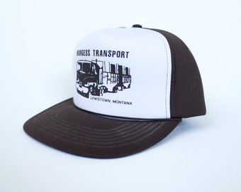 Vintage 80s Trucker Hat - Brown & White Foam - Burgess Lewistown Montana - Semi-Truck Image