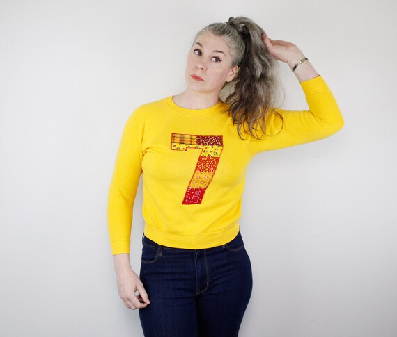 Vintage 80's sweatshirt, golden yellow, Handmade … - image 3