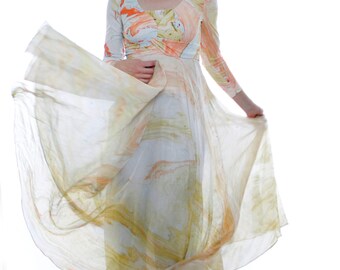 Vintage 60's evening gown, pastel paint swirl / Jupiter gas clouds, maxi dress, sheer skirt, made in Spain, mod, psychedelic - Small