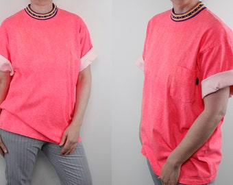 Vintage 90s Island Force Brand T-shirt, Neon Pink / Orange, Surfer Style - XL