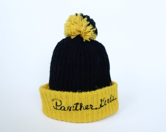 Vintage 70s Pom Pom Winter Hat - Black & Yellow - Panther Girls Embroidery
