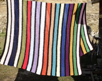 Vintage 80's Striped Afhgan / Throw Blanket - 18 Different Color Stripes with Black, Very Soft, 72x54