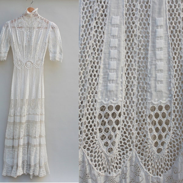 1900's Vintage lace dress, Very Good Condition - Beautiful - ornate, eyelet, tea dress, wedding dress