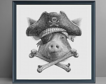 Padrão de Ponto Cruz de Porco Pirata em PDF | Porco Engraçado com Caveira e Ossos Cruzados, Chapéu de Capitão - Ponto Cruz Contado | Download Instantâneo DMC 310