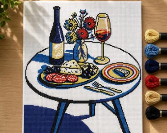 Gráfico de Ponto Cruz em PDF para Mesa de Vinhos e Queijos — Natureza Morta com Mesa de Jantar, Download Instantâneo, Decoração de Cozinha, Presente de Boas-Vindas