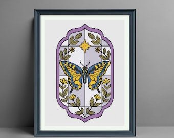 Padrão de Ponto Cruz Borboleta Art Nouveau | Moldura Floral Lavanda em Vitral (Download em PDF)