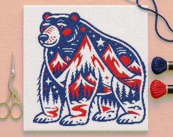 Gráfico de Ponto Cruz Montanha do Urso em PDF | Cena Selvagem com Urso na Natureza | Decoração para Cabana | Presente para Quem Ama Atividades ao Ar Livre